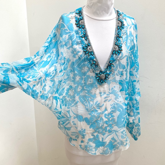 LUXURY RESORT WEAR BEADED V NECK CHIFFON PRINT BATWING TUNIC TOP SIZE M/L - Picture 8 of 8